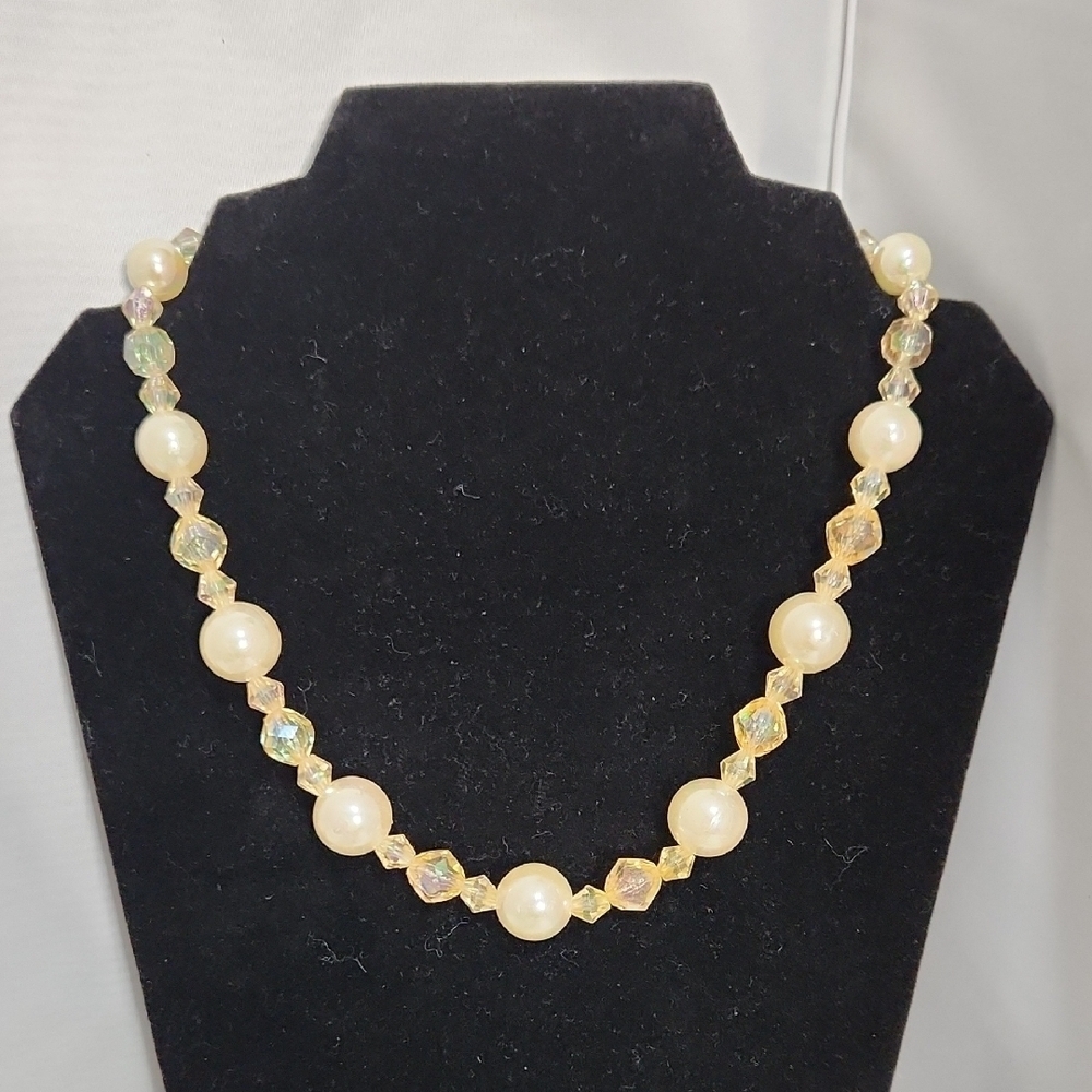 Vintage-Inspired Faux Pearl & Crystal Bead Necklace – 19”